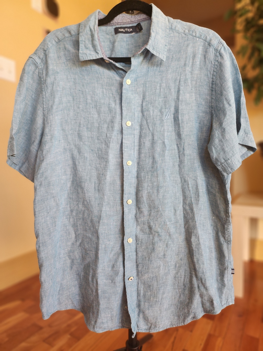 Nautica Men’s 100% Linen Short Sleeve Button‑Up Shirt – Seafoam Blue – Size L